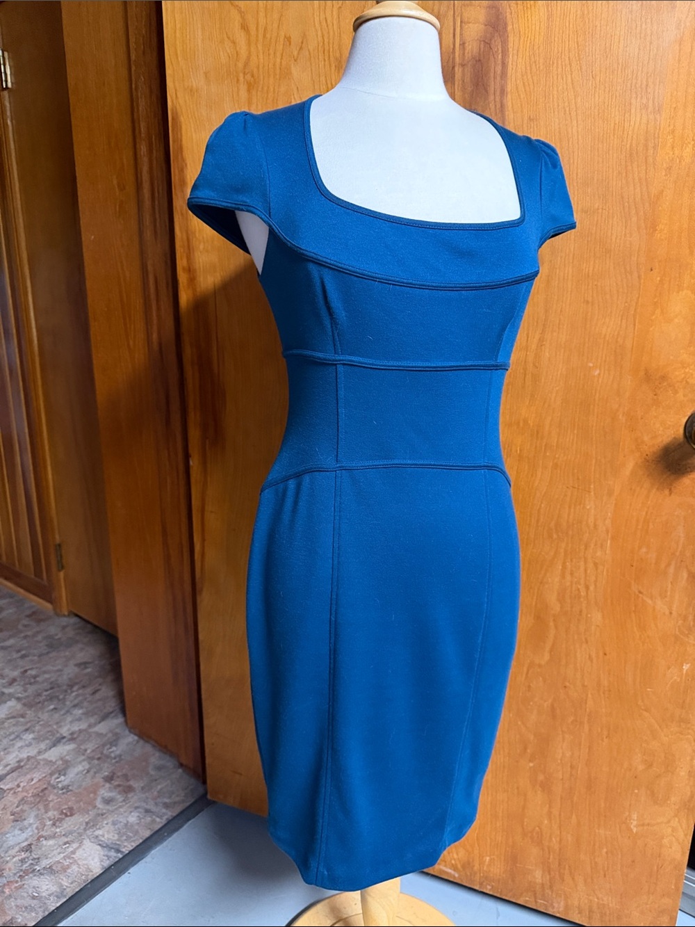 LAUNDRY BY DESIGN Classic Square-Neck Teal Sheath Dress 8 side zipper